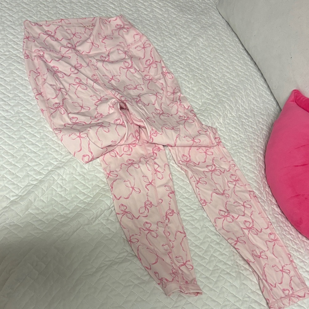 LoveShackFancy Pink Ribbon Print leggings activewear